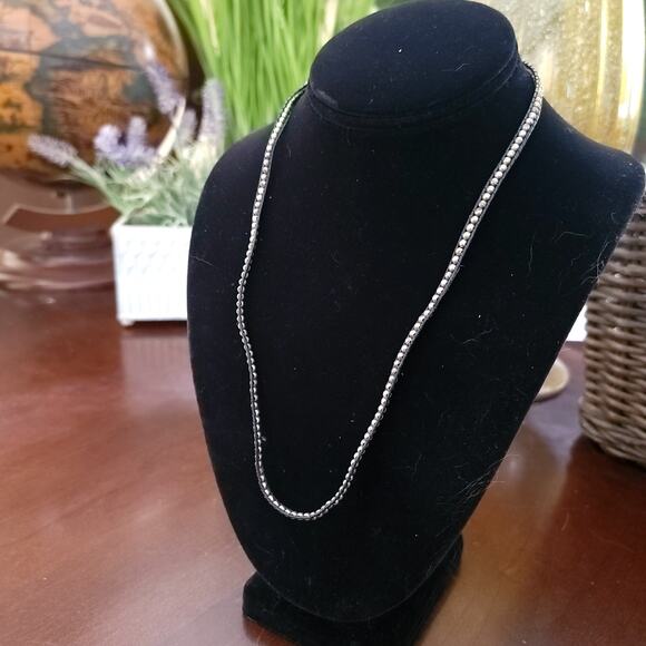 Vintage Boho Beaded Necklace Silver Tone Bead on Black Leather Cord Button Clasp - Picture 2 of 10